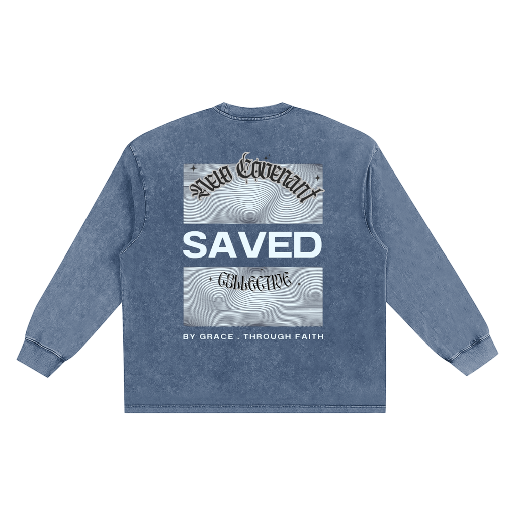 "SAVED" Long Sleeve Snow Washed Frayed Edge T shirt