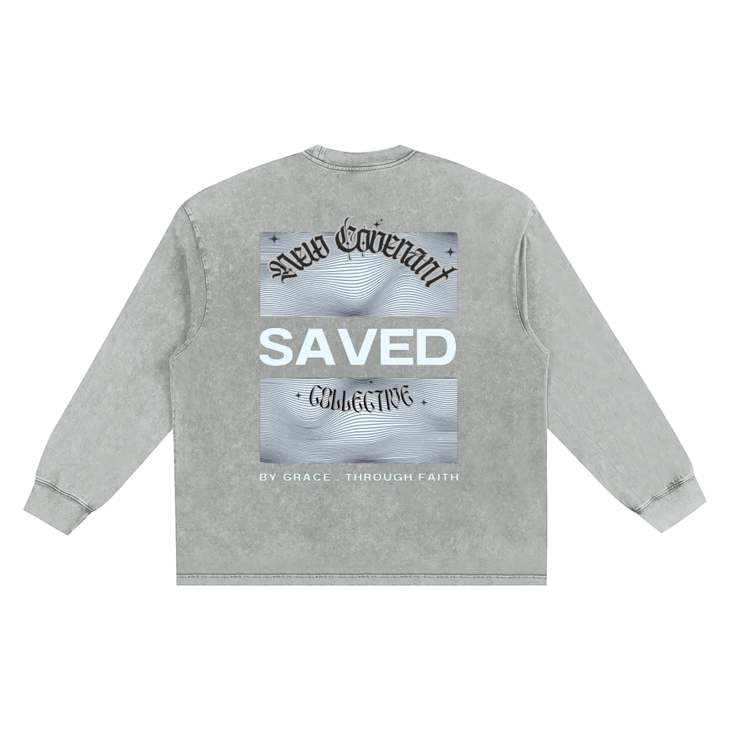 "SAVED" Long Sleeve Snow Washed Frayed Edge T shirt