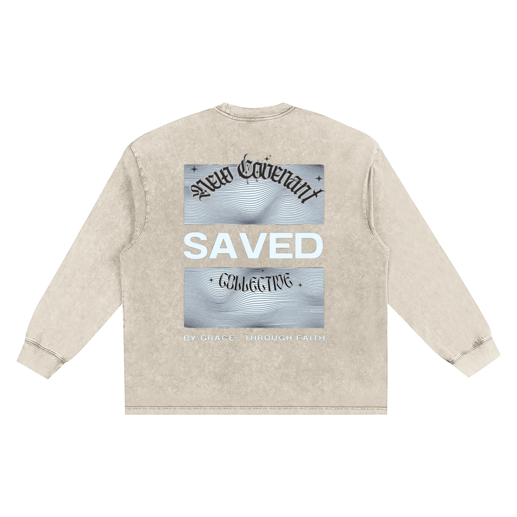 "SAVED" Long Sleeve Snow Washed Frayed Edge T shirt